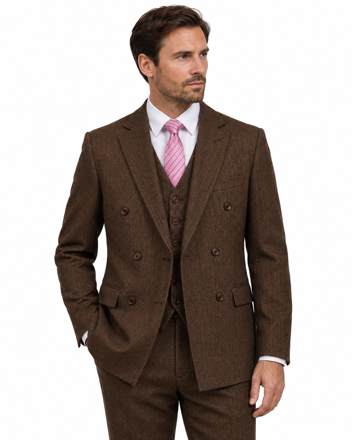 Men’s Made-to-Measure Classic Brown Herringbone Tweed Three-Piece Suit - Image 3