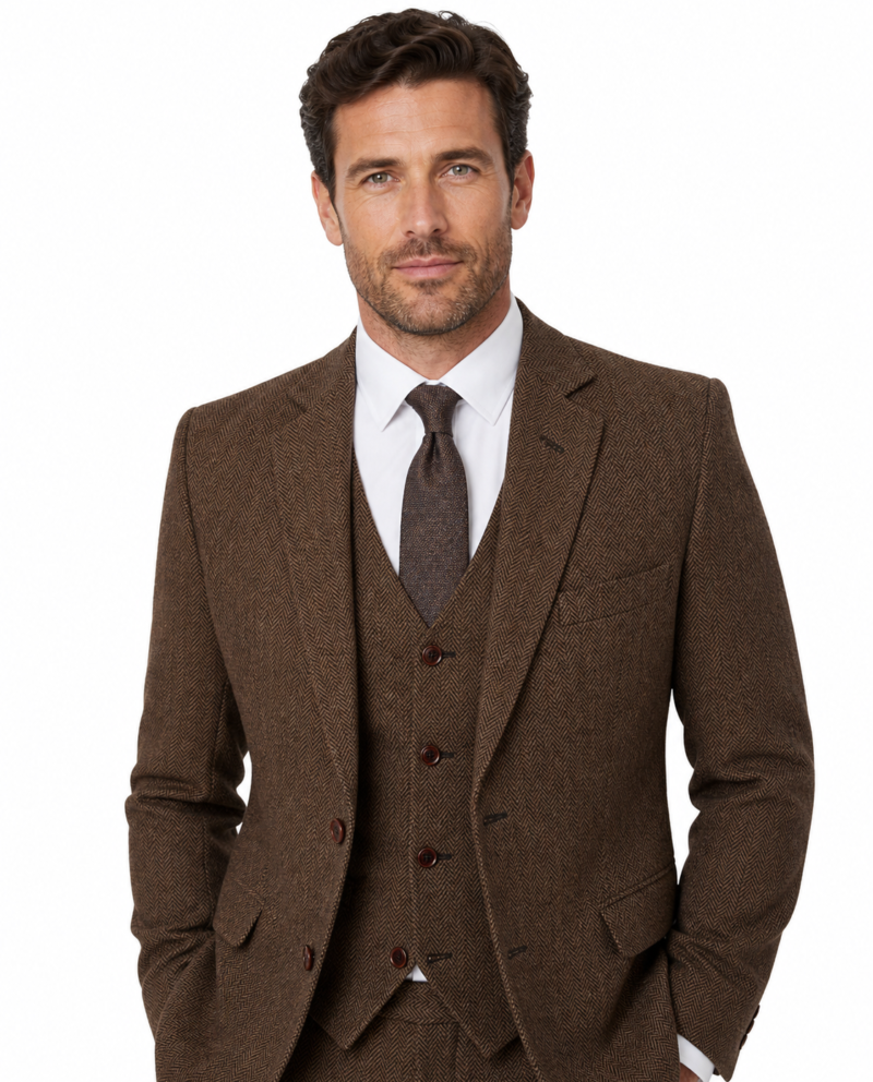 Men’s Classic Brown Herringbone Tweed Single-Breasted Three-Piece Suit