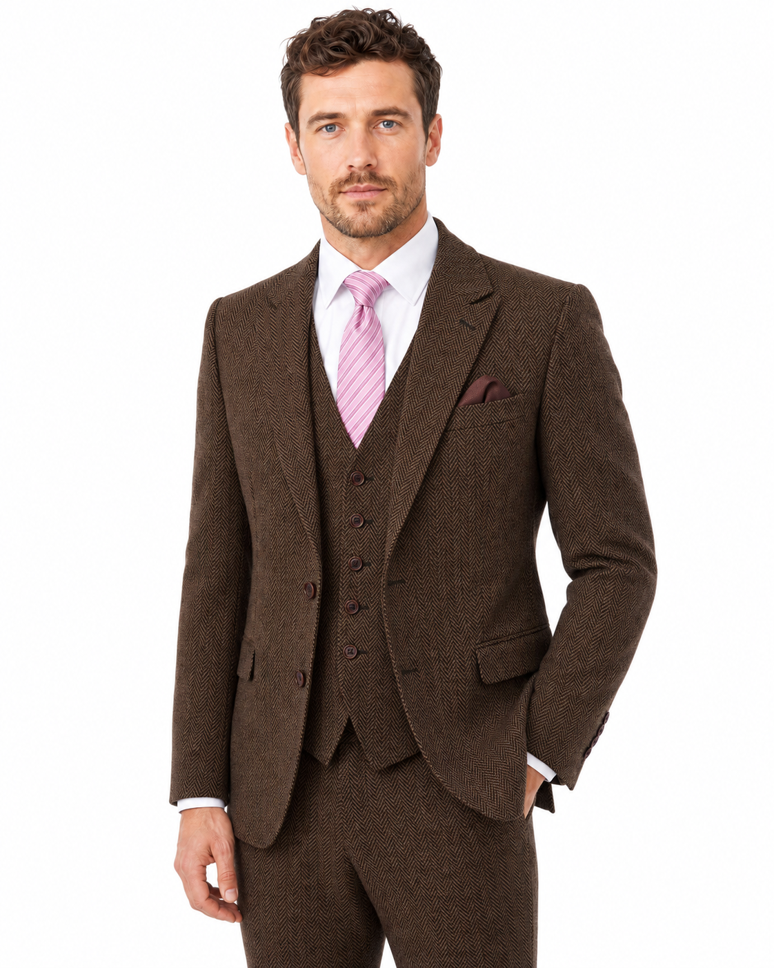 Men’s Made-to-Measure Classic Brown Herringbone Tweed Three-Piece Suit - Image 2