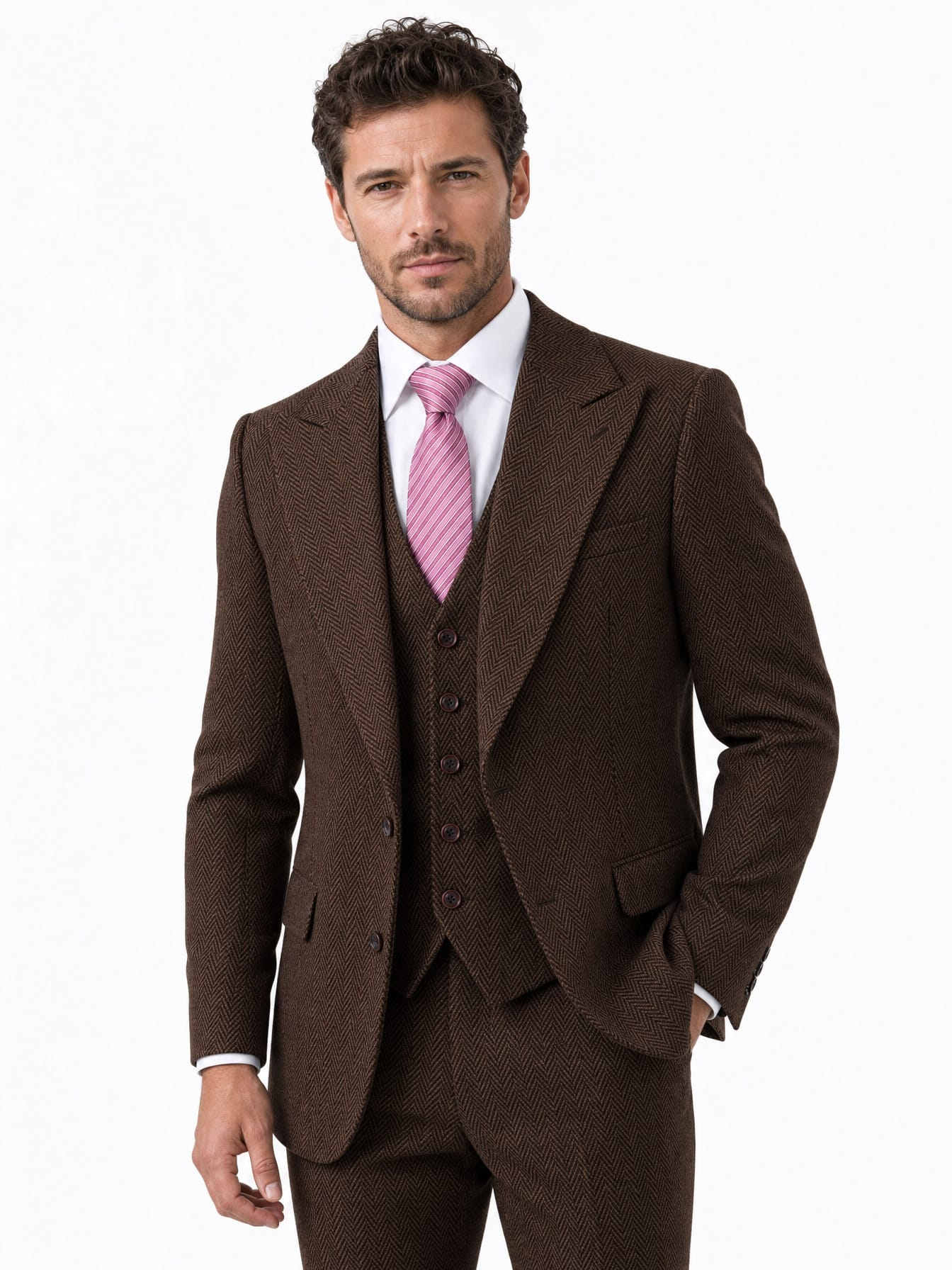 Men’s Made-to-Measure Classic Brown Herringbone Tweed Three-Piece Suit - Image 11