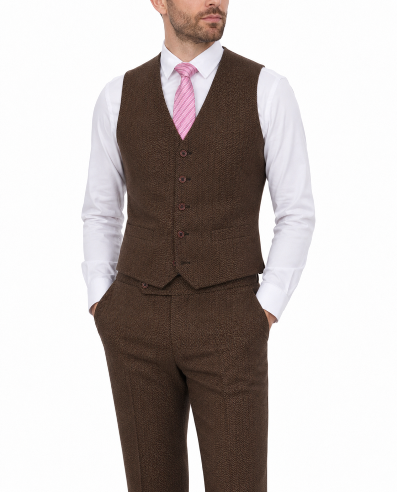 Men’s Classic Brown Herringbone Tweed Waistcoat