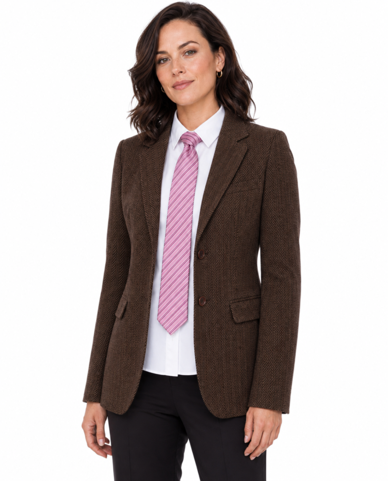 Women’s Classic Brown Herringbone Tweed Single-Breasted Jacket