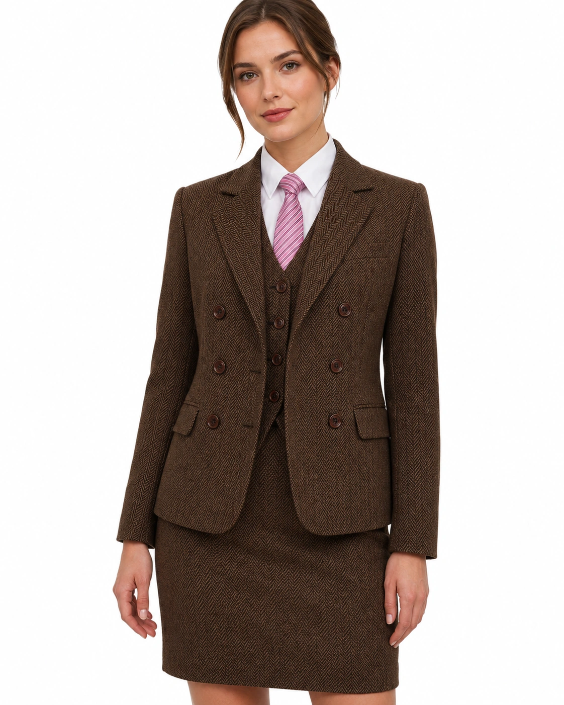 Women’s Made-to-Measure Classic Brown Herringbone Tweed Three-Piece Suit - Image 7