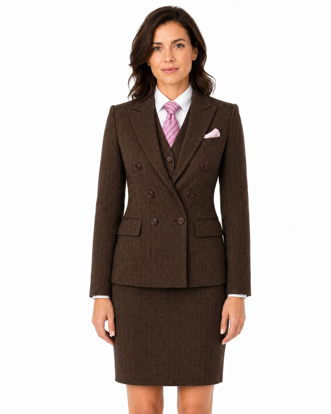 Women’s Classic Brown Herringbone Tweed Double-Breasted Jacket - Image 7