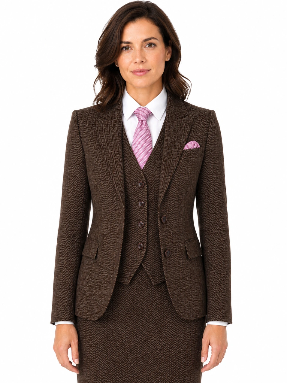 Women’s Made-to-Measure Classic Brown Herringbone Tweed Three-Piece Suit - Image 6