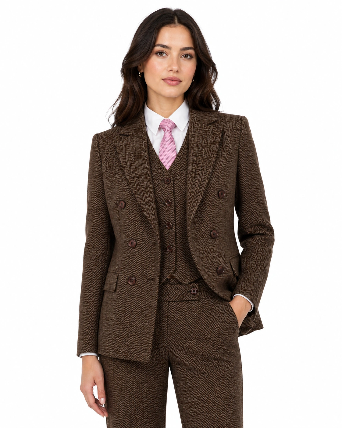 Women’s Made-to-Measure Classic Brown Herringbone Tweed Three-Piece Suit - Image 3