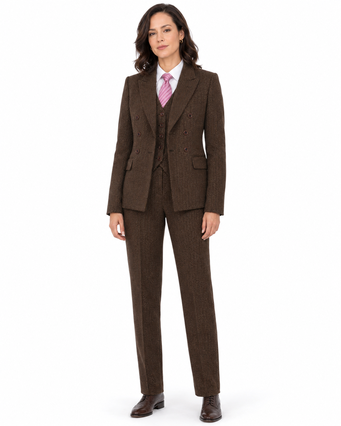 Women’s Classic Brown Herringbone Tweed Double-Breasted Jacket - Image 5