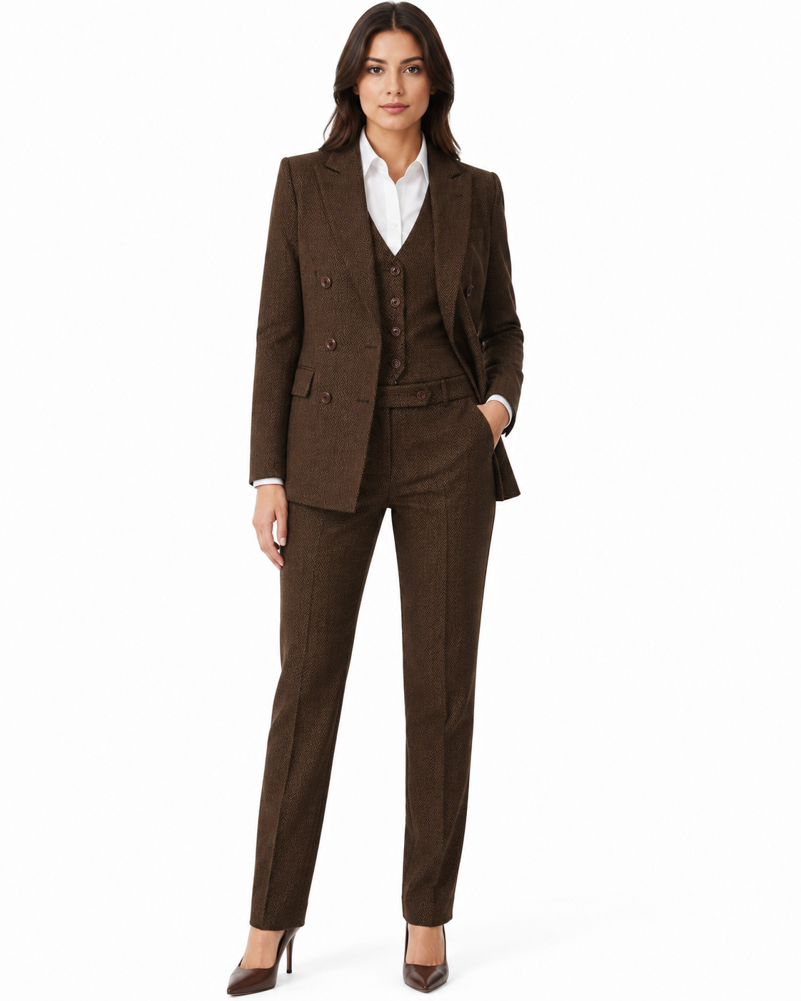 Women’s Classic Brown Herringbone Tweed Double-Breasted Jacket - Image 6