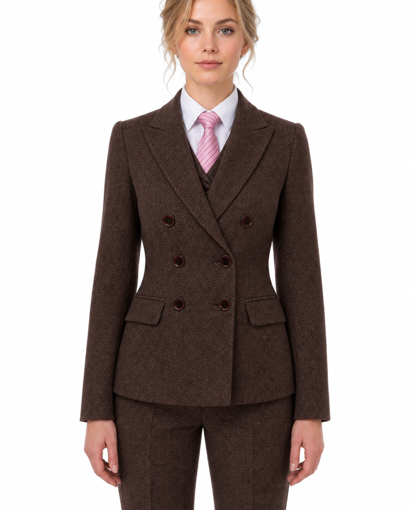 Women’s Classic Brown Herringbone Tweed Double-Breasted Jacket