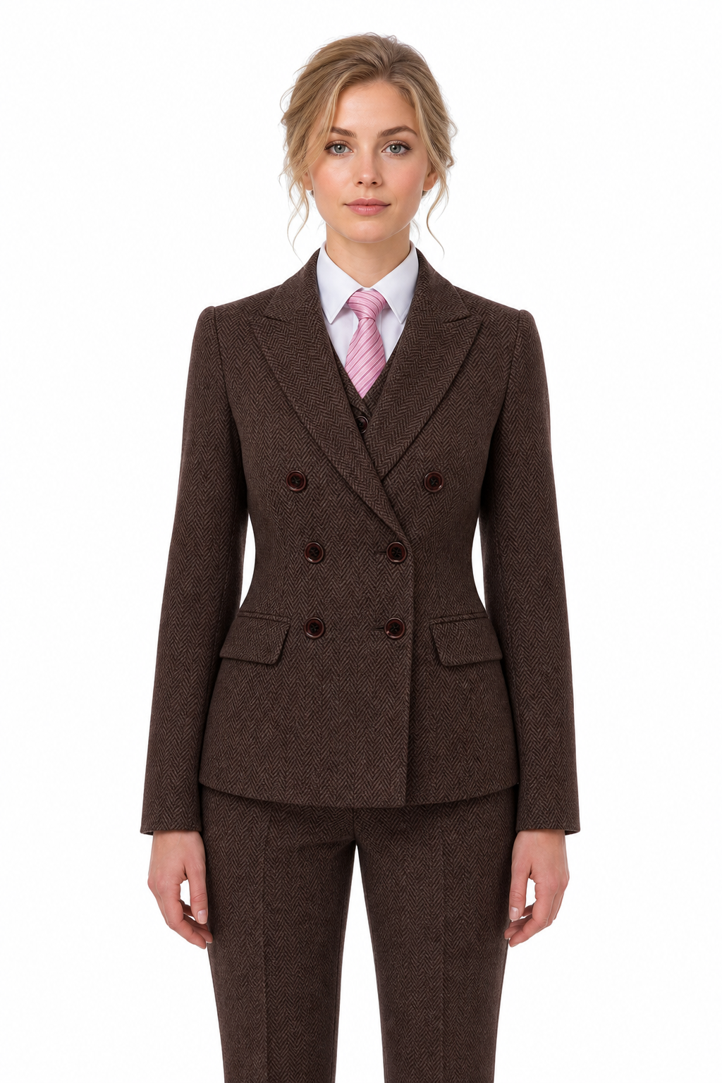 Women’s Classic Brown Herringbone Tweed Double-Breasted Jacket