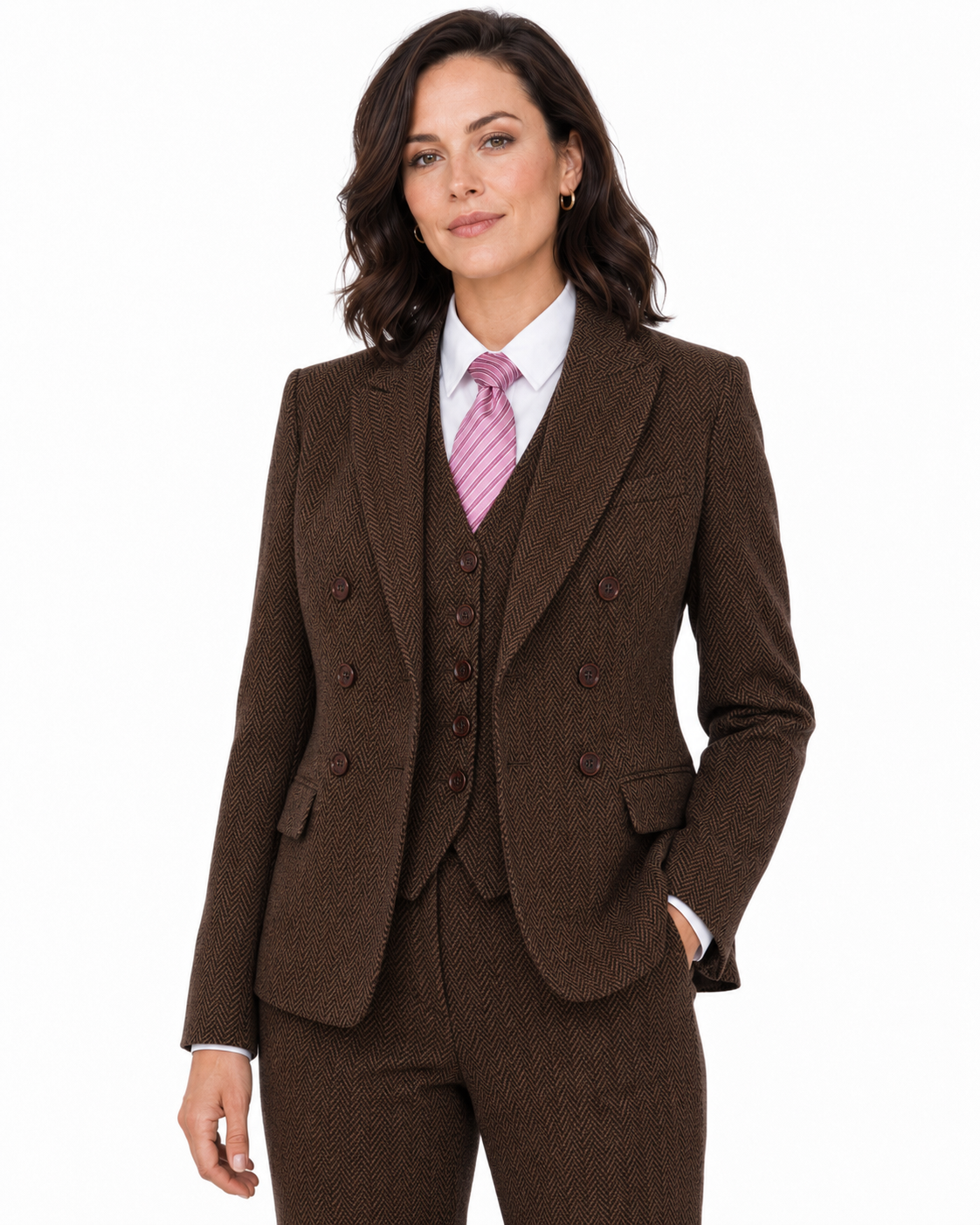 Women’s Classic Brown Herringbone Tweed Double-Breasted Jacket - Image 2