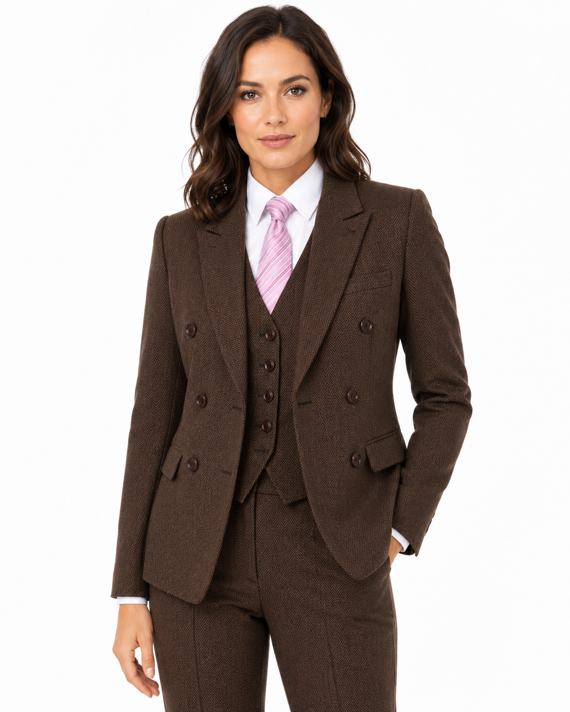 Women’s Classic Brown Herringbone Tweed Double-Breasted Jacket - Image 3