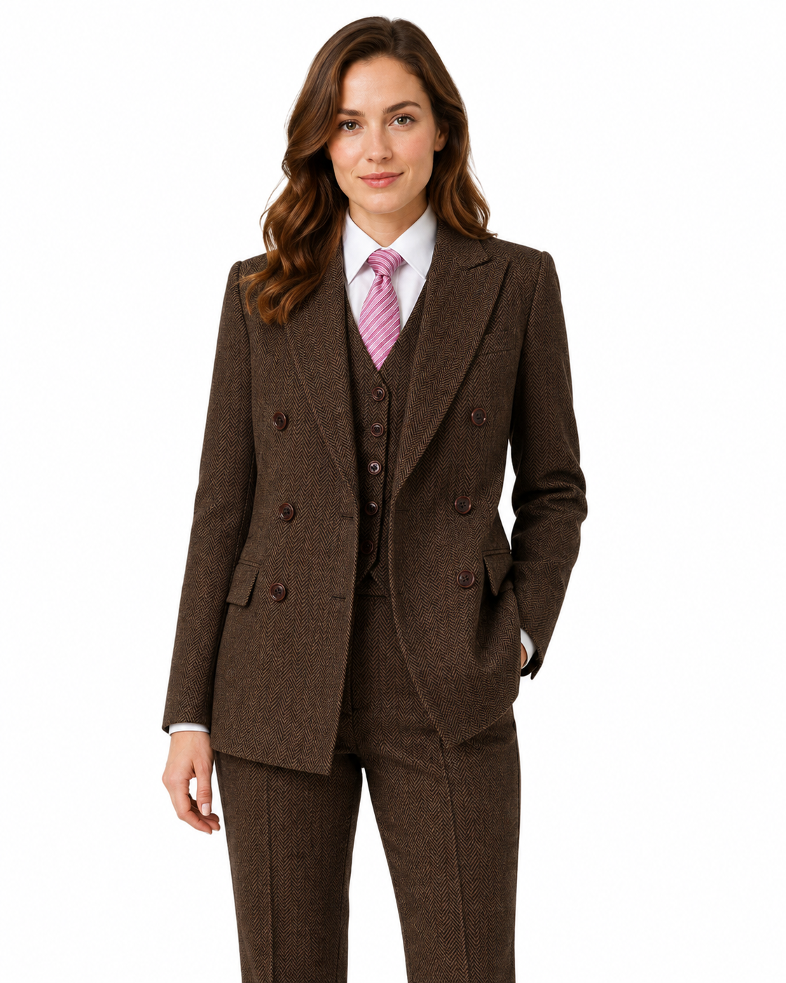 Women’s Classic Brown Herringbone Tweed Double-Breasted Jacket - Image 4