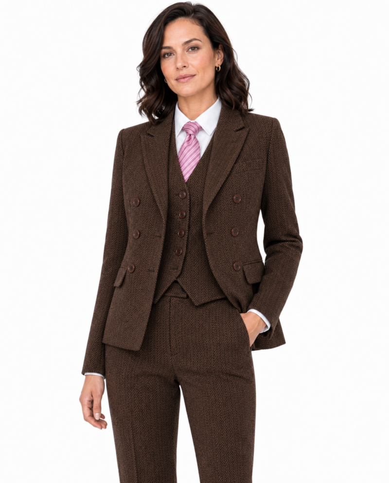 Women’s Made-to-Measure Classic Brown Herringbone Tweed Three-Piece Suit