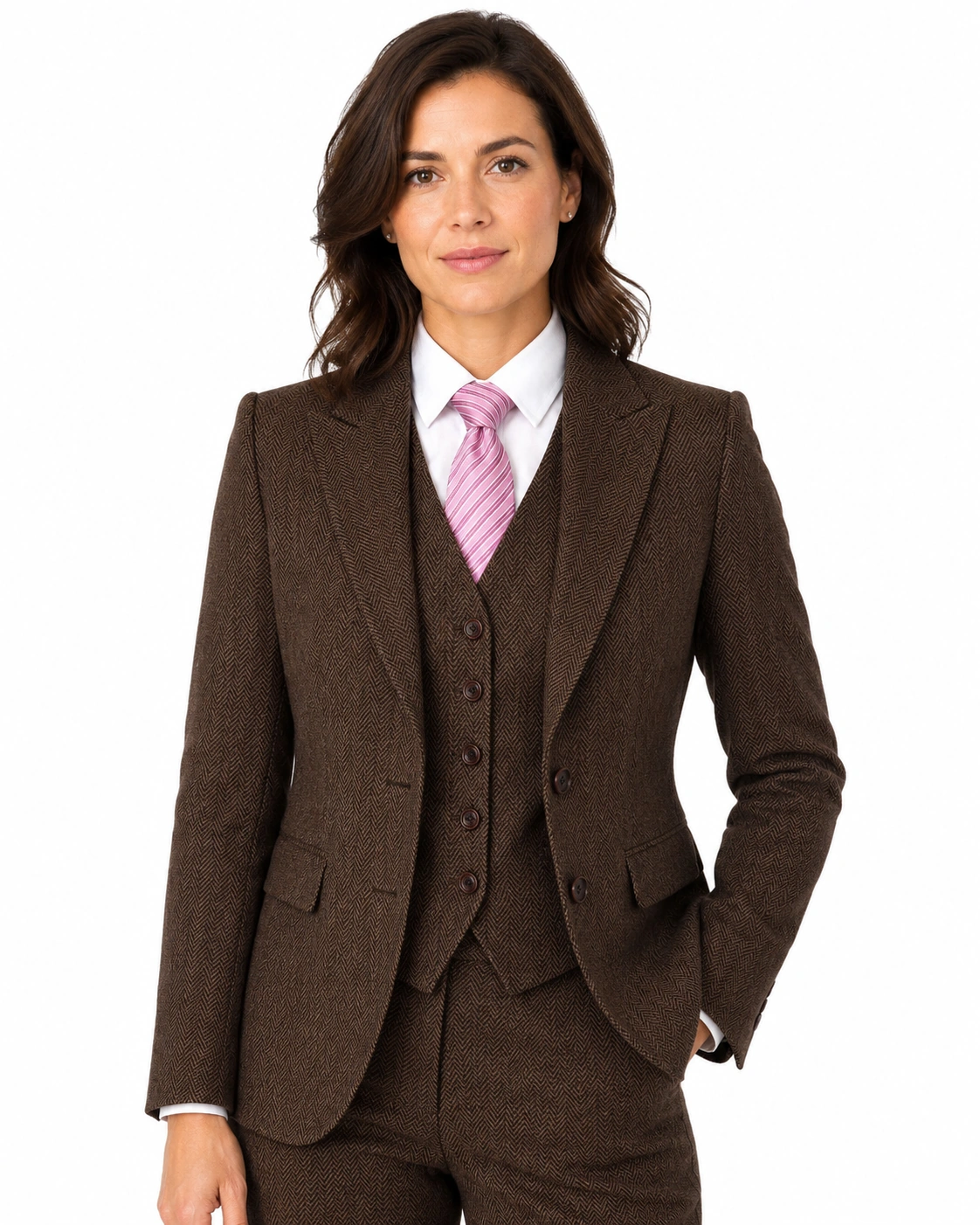 Women’s Made-to-Measure Classic Brown Herringbone Tweed Three-Piece Suit - Image 2