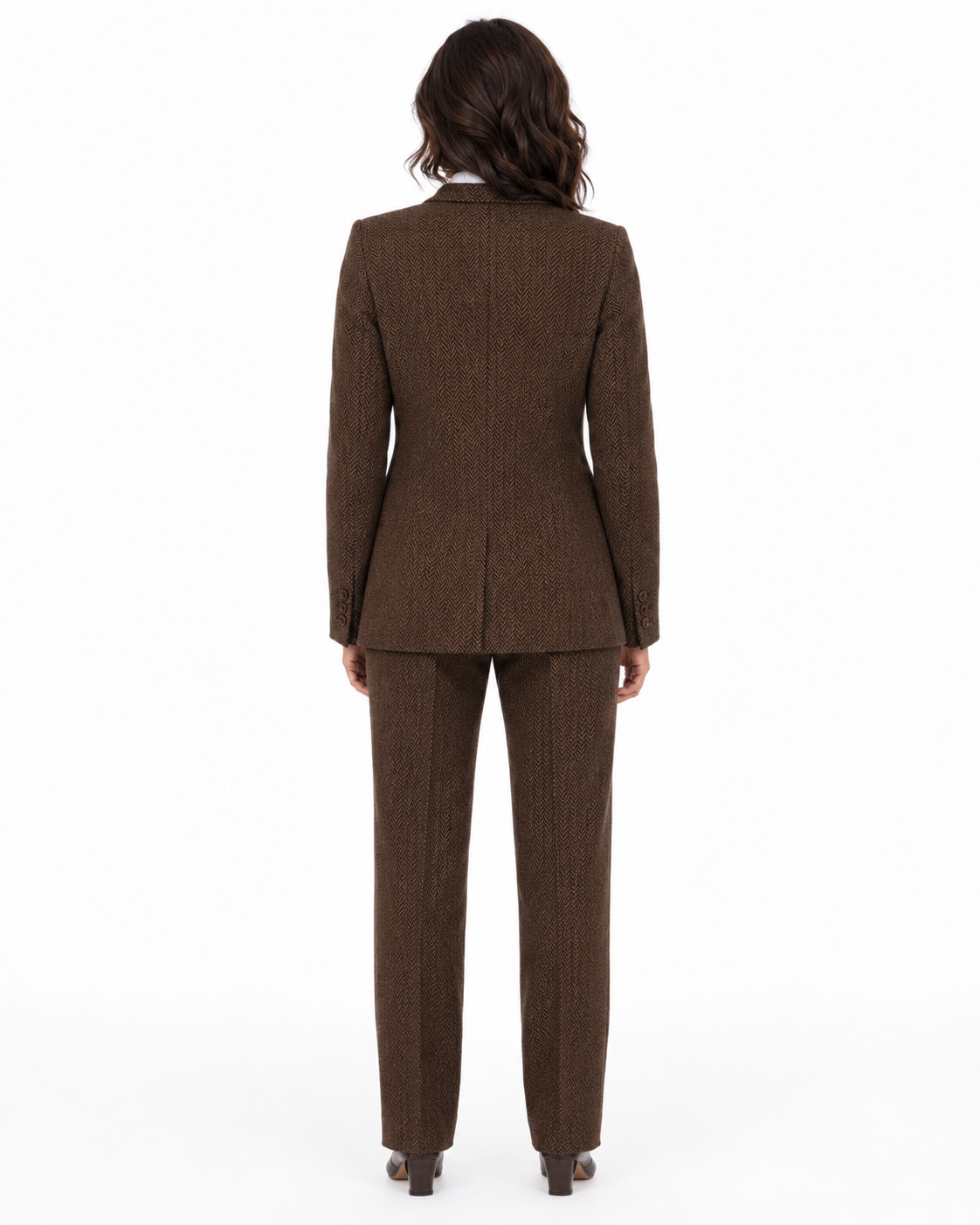 Women’s Classic Brown Herringbone Tweed Double-Breasted Jacket - Image 10