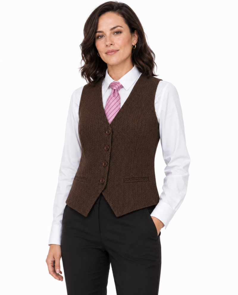 Women’s Classic Brown Herringbone Tweed Waistcoat