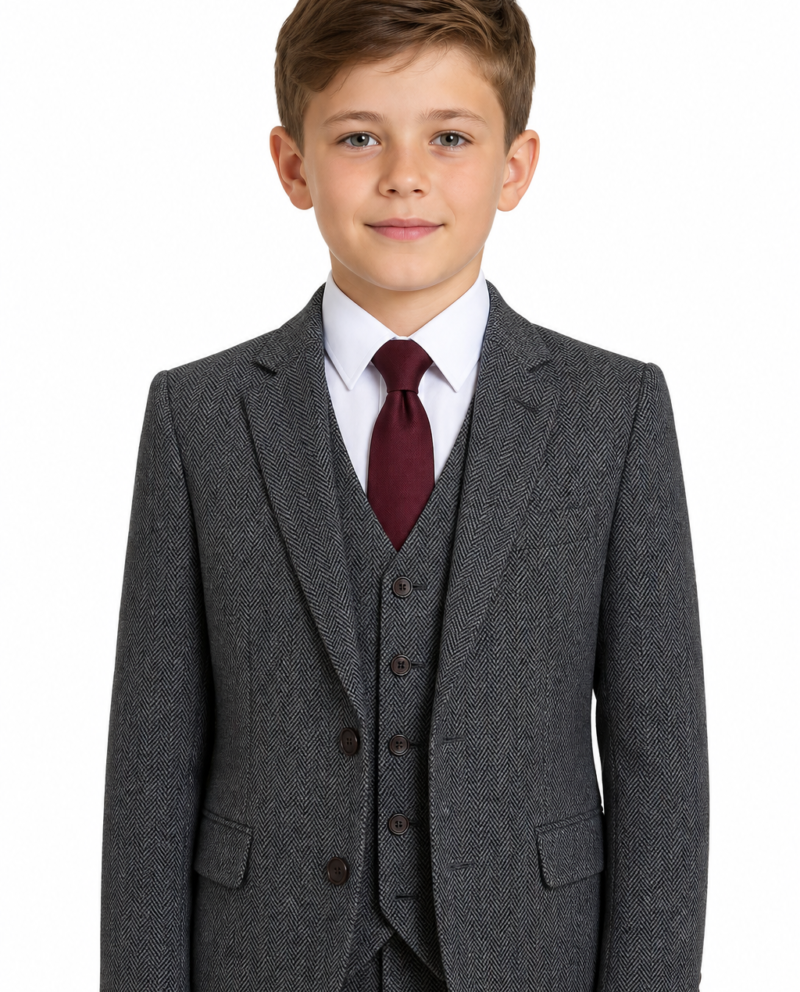 Boys’ Classic Grey Herringbone Tweed Jacket