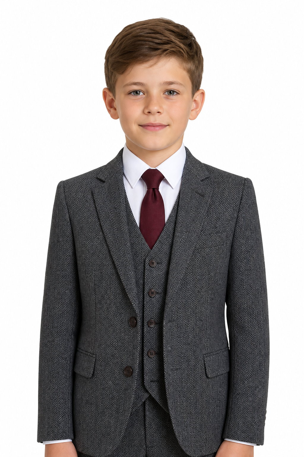Boys’ Classic Grey Herringbone Tweed Three-Piece Suit