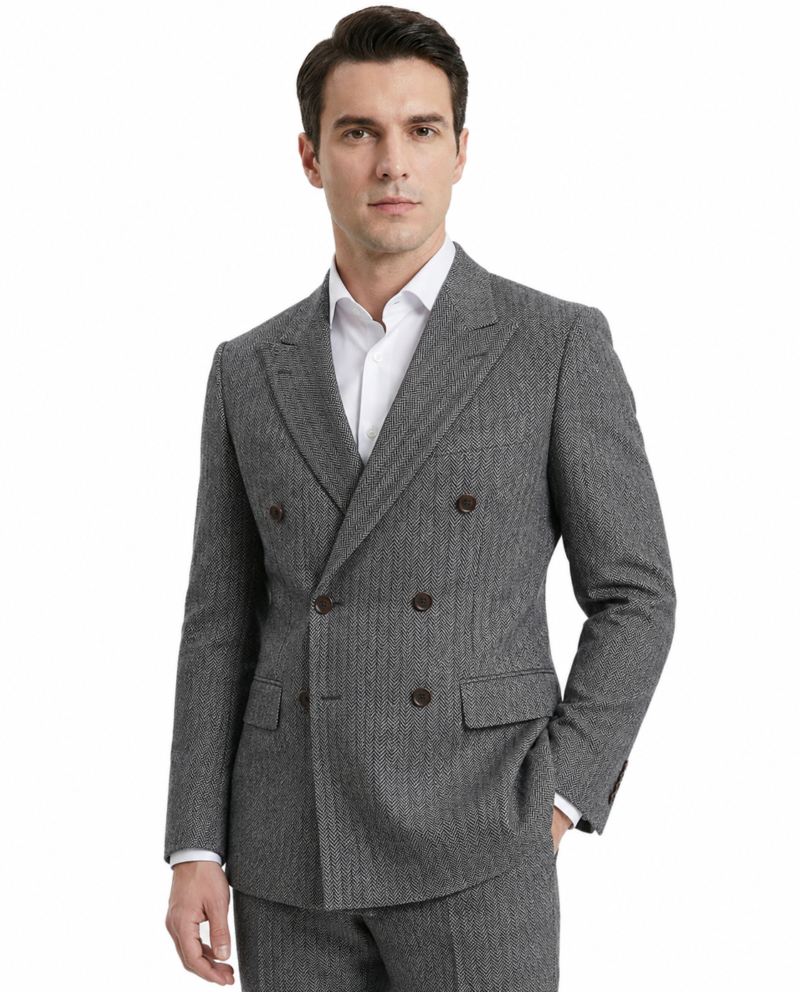 Men’s Classic Grey Herringbone Tweed Double-Breasted Jacket