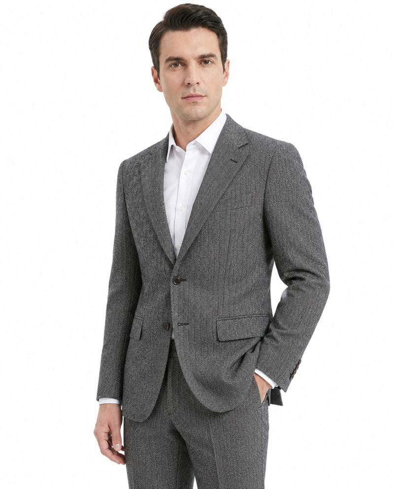 Men’s Classic Grey Herringbone Tweed Single-Breasted Jacket