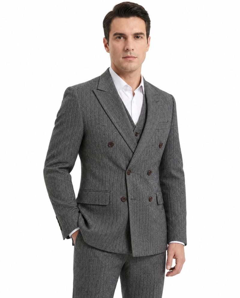 Men’s Classic Grey Herringbone Tweed Double-Breasted Three-Piece Suit