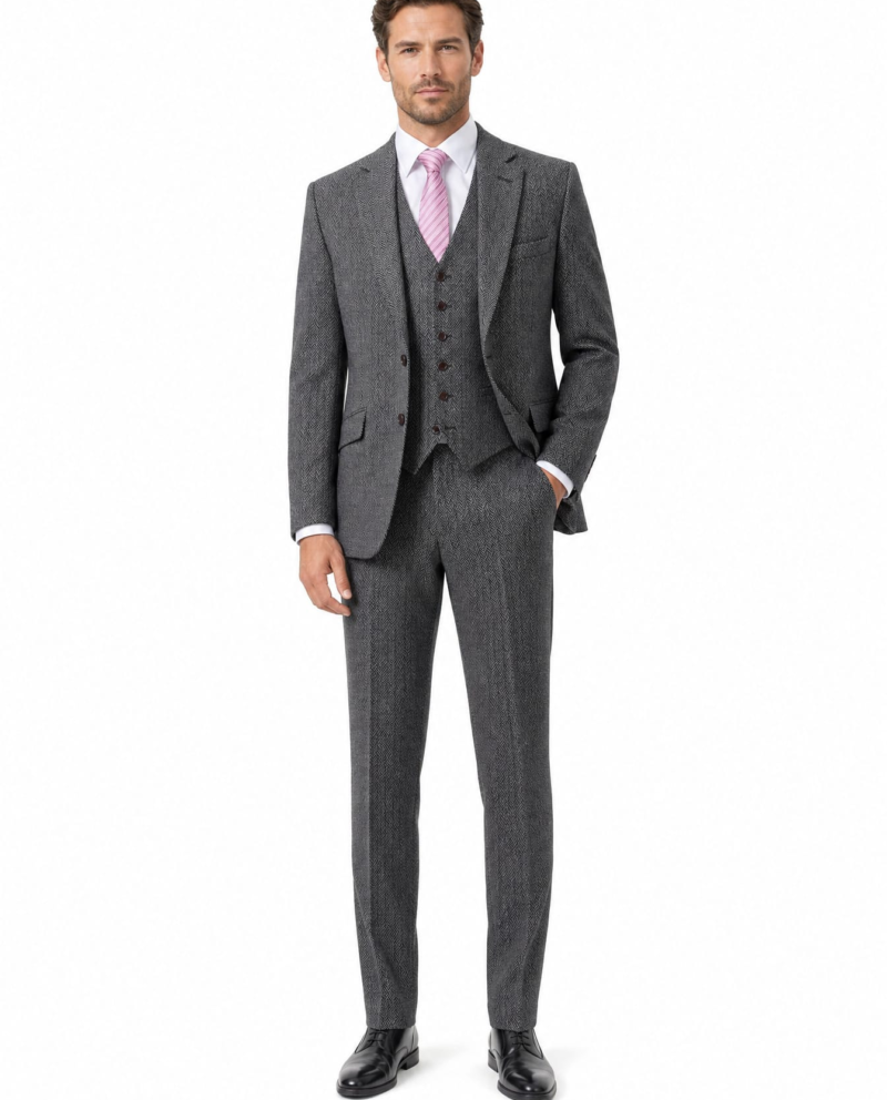 Men’s Classic Grey Herringbone Tweed Trousers