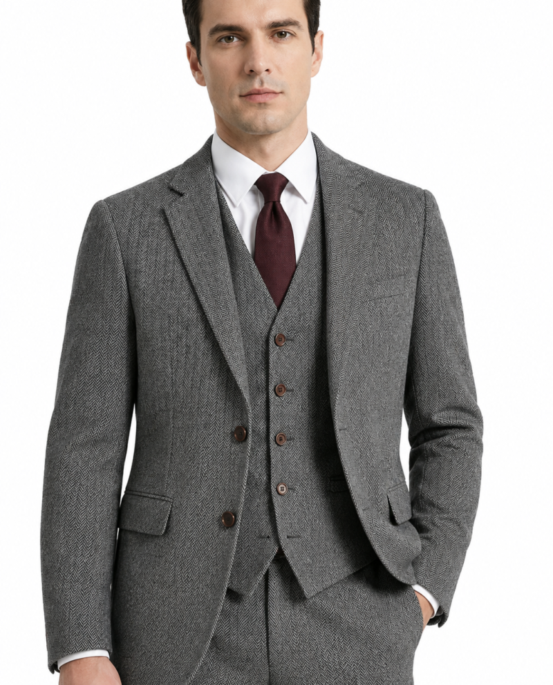 Men’s Made-to-Measure Classic Grey Herringbone Tweed Three-Piece Suit