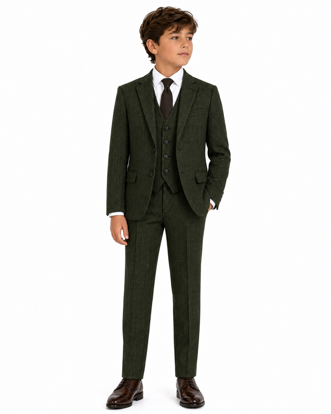Boys’ Classic Moss Green Herringbone Tweed Three-Piece Suit - Image 2