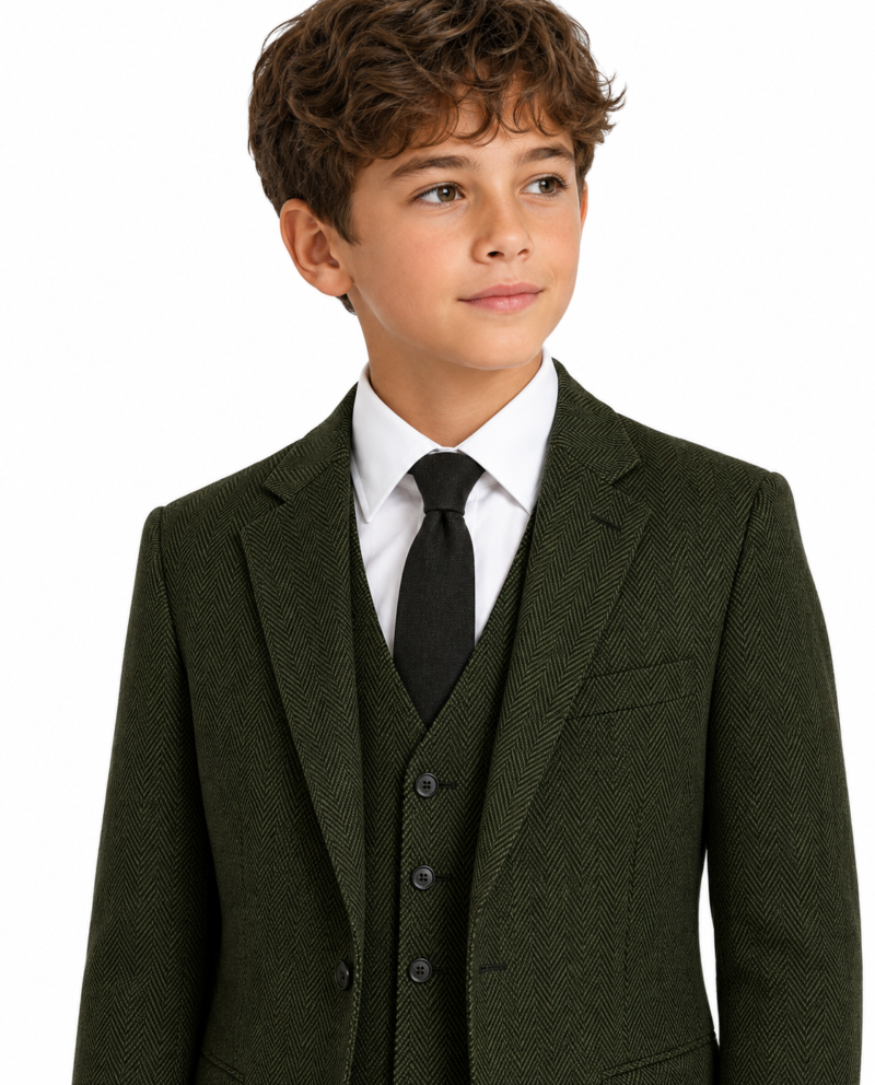 Boys’ Classic Moss Green Herringbone Tweed Three-Piece Suit
