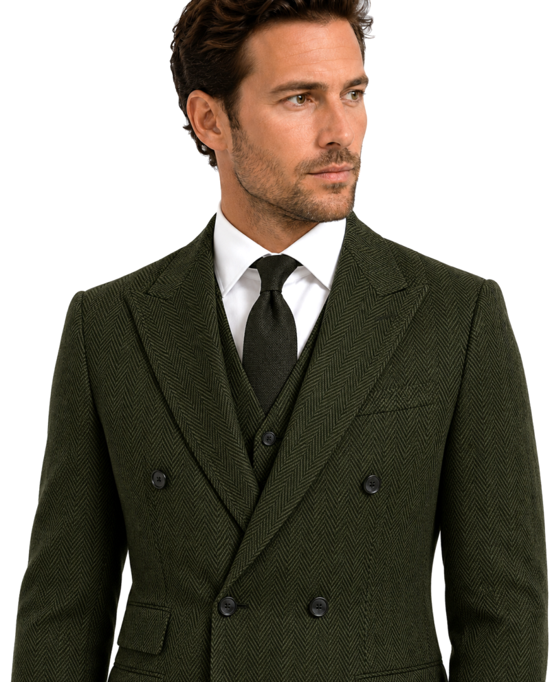 Men’s Classic Moss Green Herringbone Tweed Double-Breasted Three-Piece Suit