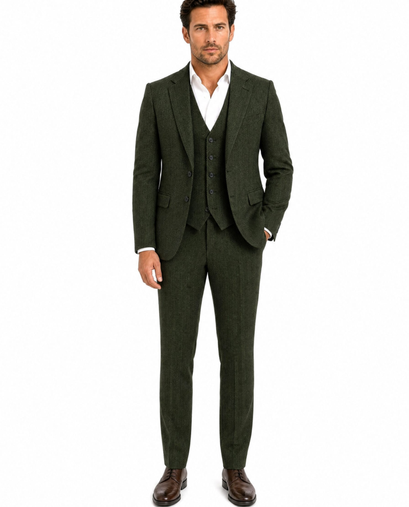 Men’s Classic Moss Green Herringbone Tweed Trousers