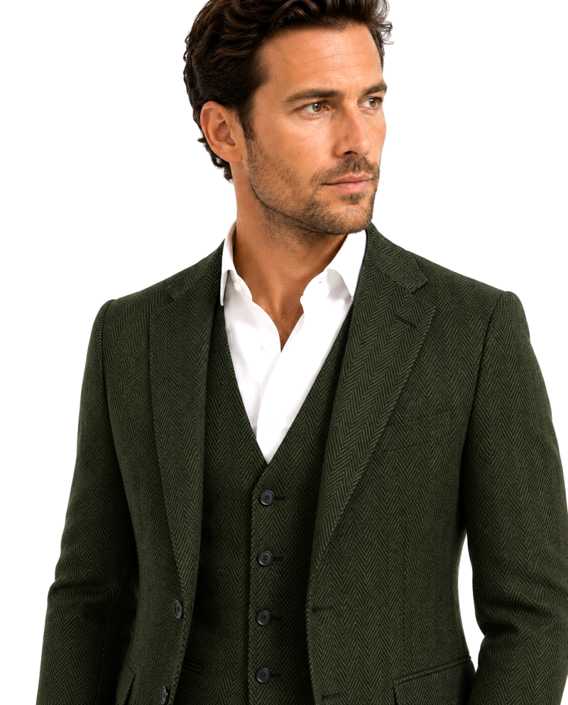 Men’s Classic Moss Green Herringbone Tweed Single-Breasted Three-Piece Suit