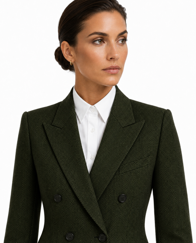 Women’s Classic Moss Green Herringbone Tweed Double-Breasted Jacket