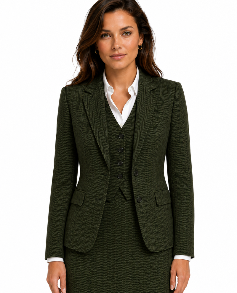 Women’s Classic Moss Green Herringbone Tweed Single-Breasted Skirt Suit