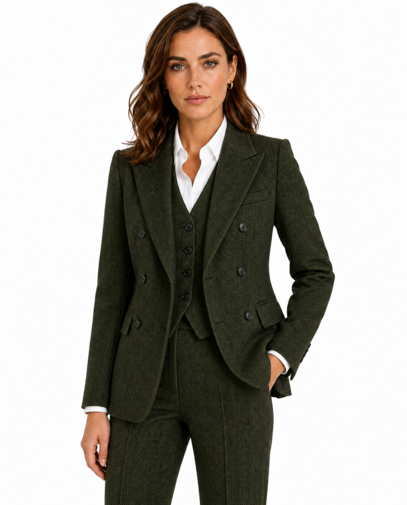 Women’s Classic Moss Green Herringbone Tweed Double-Breasted Trouser Suit