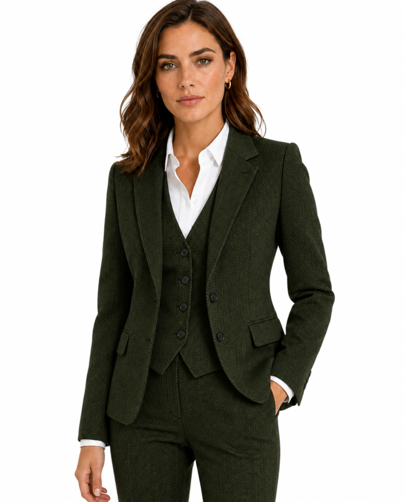Women’s Classic Moss Green Herringbone Tweed Waistcoat