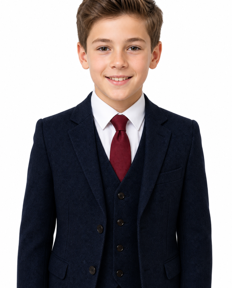 Boys’ Classic Navy Blue Herringbone Tweed Three-Piece Suit