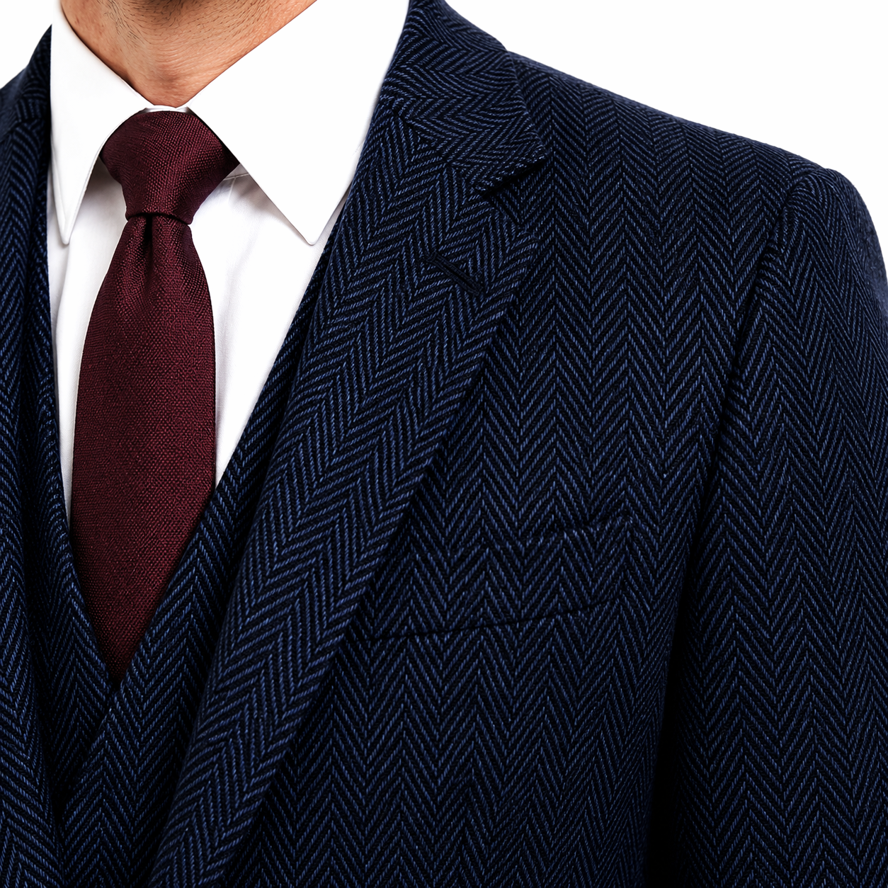 Men’s Classic Navy Blue Herringbone Tweed Single-Breasted Jacket - Image 2