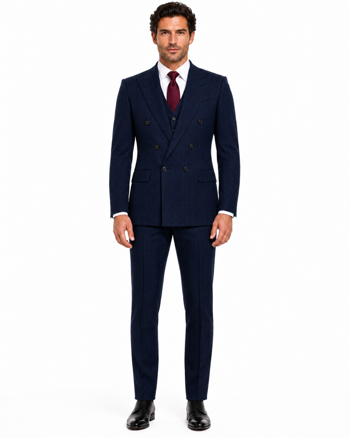 Men’s Classic Navy Blue Herringbone Tweed Double-Breasted Jacket - Image 4