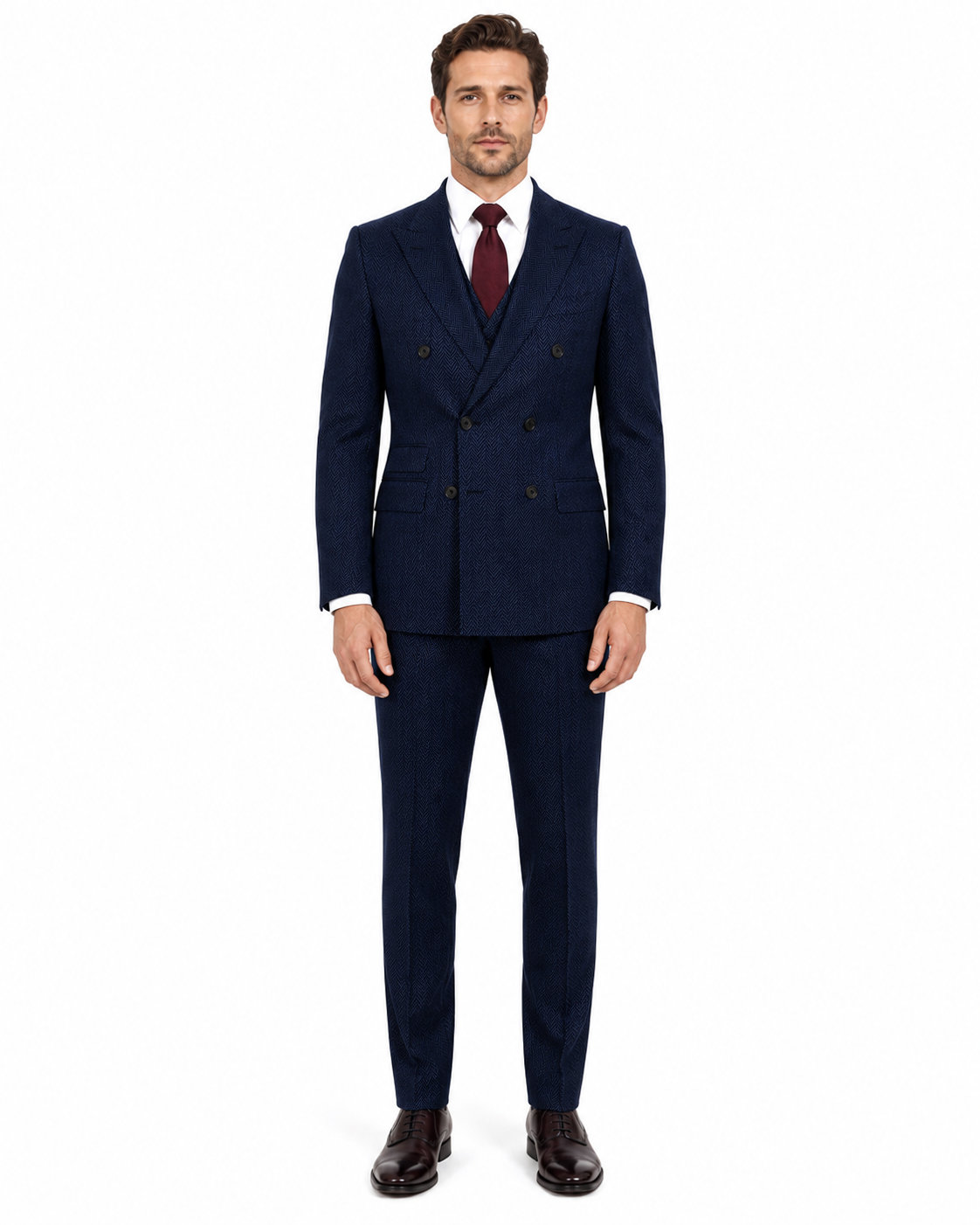 Men’s Classic Navy Blue Herringbone Tweed Double-Breasted Jacket - Image 5
