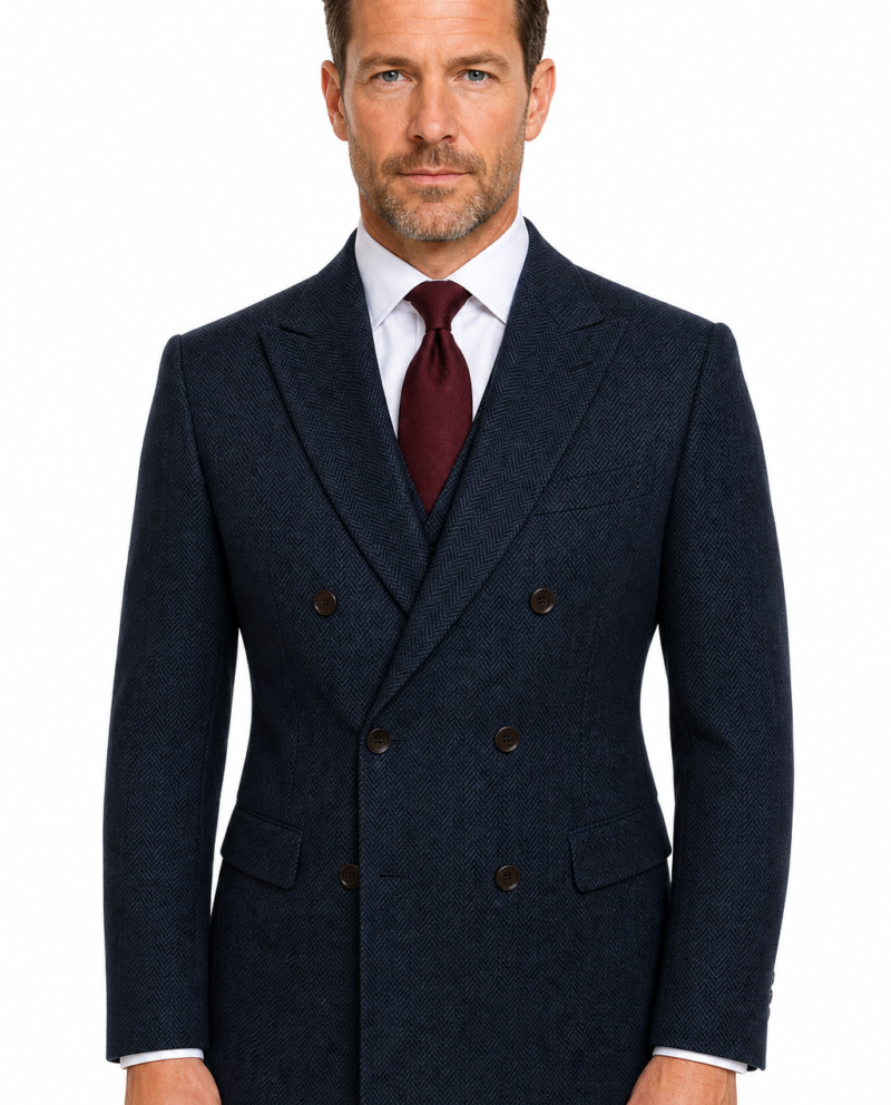 Men’s Classic Navy Blue Herringbone Tweed Double-Breasted Jacket