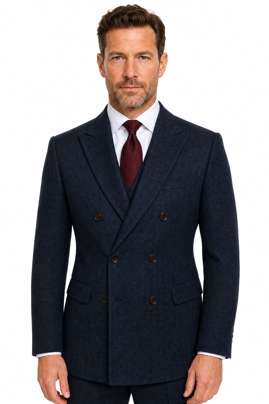 Men’s Classic Navy Blue Herringbone Tweed Double-Breasted Jacket