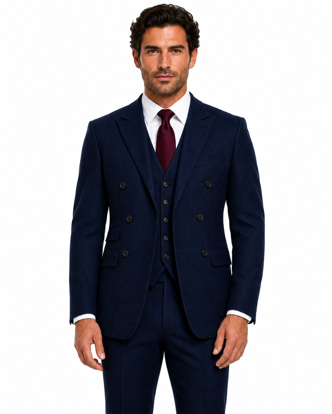 Men’s Classic Navy Blue Herringbone Tweed Double-Breasted Jacket - Image 2