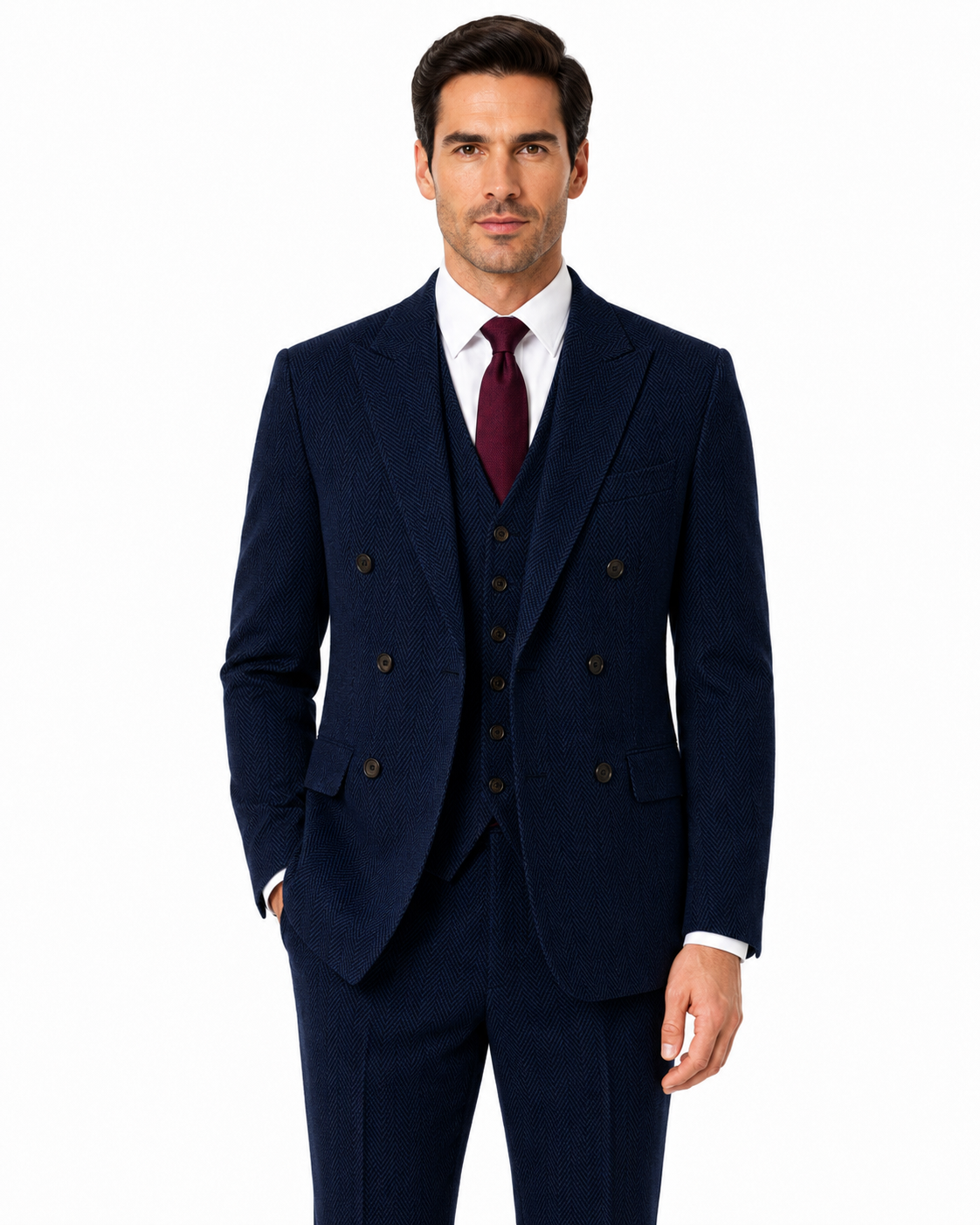 Men’s Classic Navy Blue Herringbone Tweed Double-Breasted Jacket - Image 3