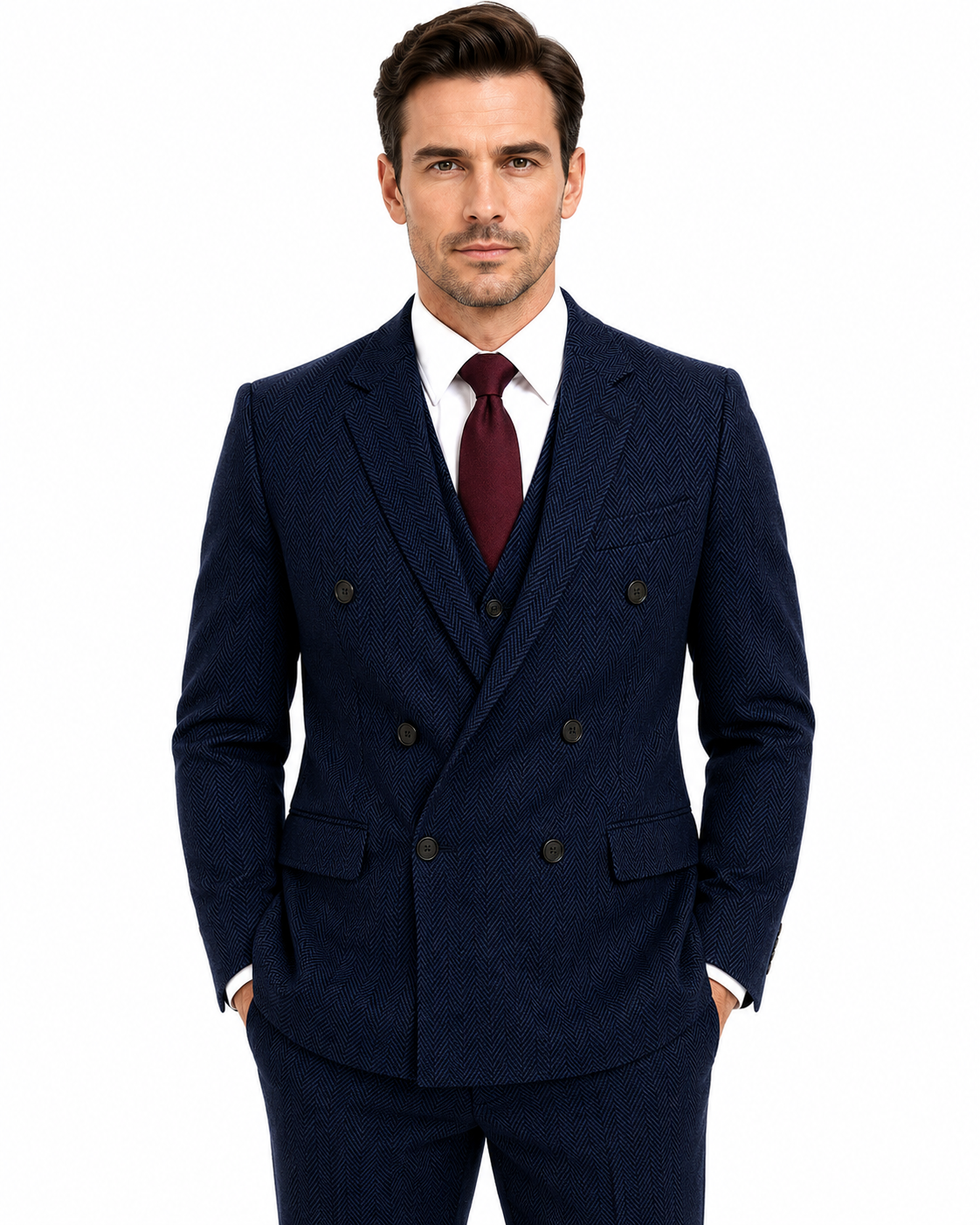 Men’s Made-to-Measure Classic Navy Blue Herringbone Tweed Three-Piece Suit - Image 3
