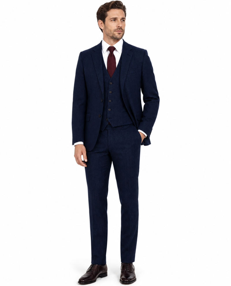 Men’s Classic Navy Blue Herringbone Tweed Trousers