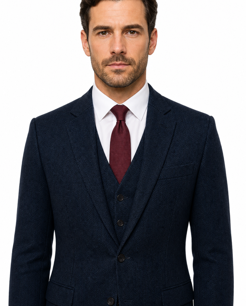 Men’s Classic Navy Blue Herringbone Tweed Waistcoat