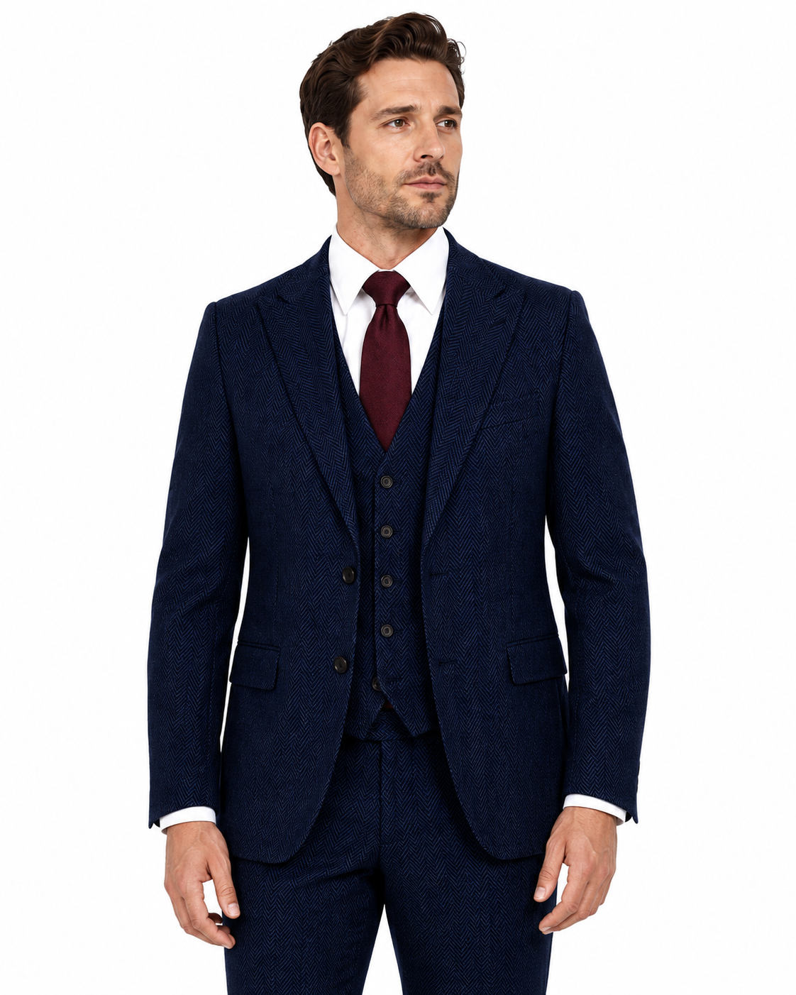 Men’s Made-to-Measure Classic Navy Blue Herringbone Tweed Three-Piece Suit - Image 8