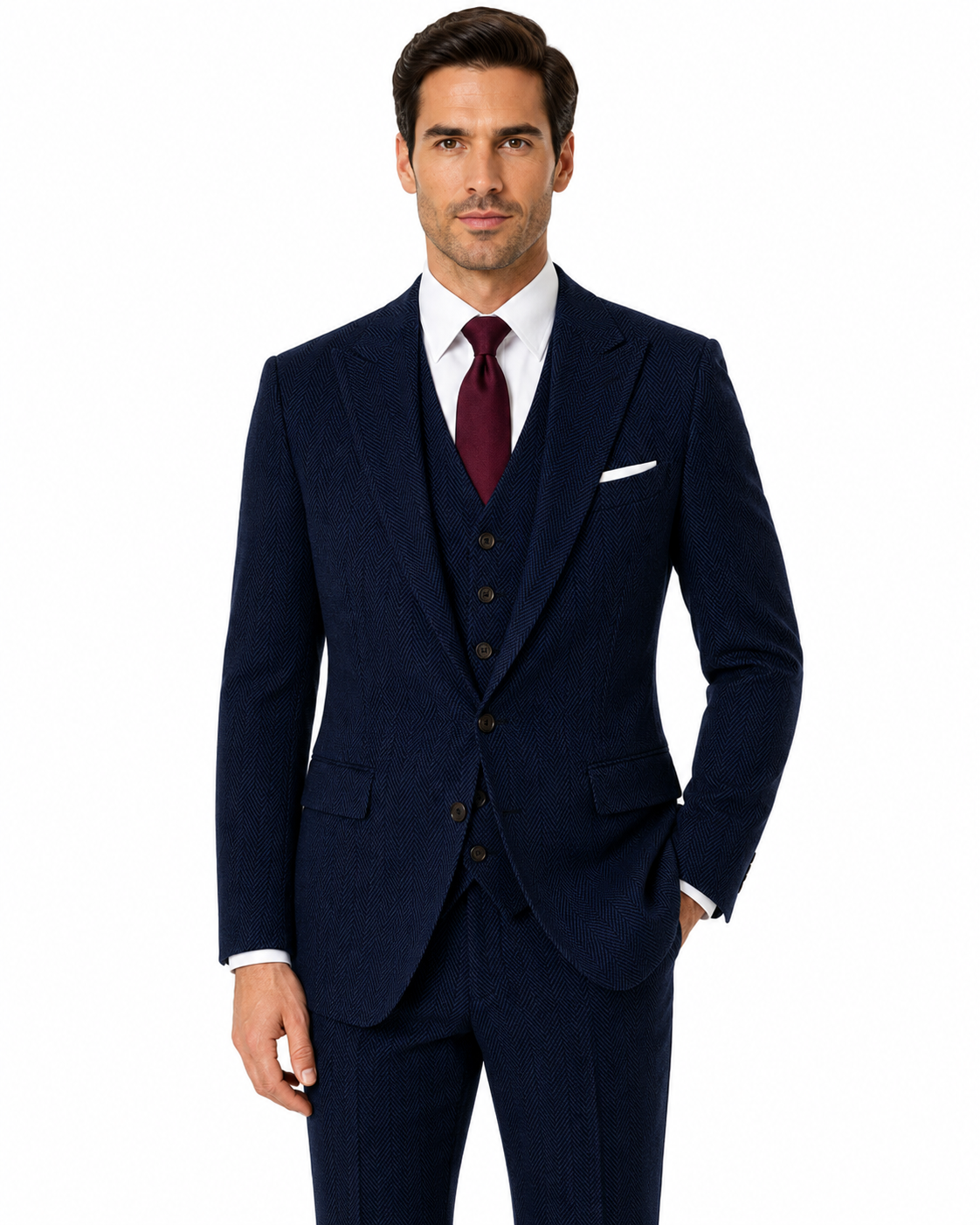 Men’s Made-to-Measure Classic Navy Blue Herringbone Tweed Three-Piece Suit - Image 9